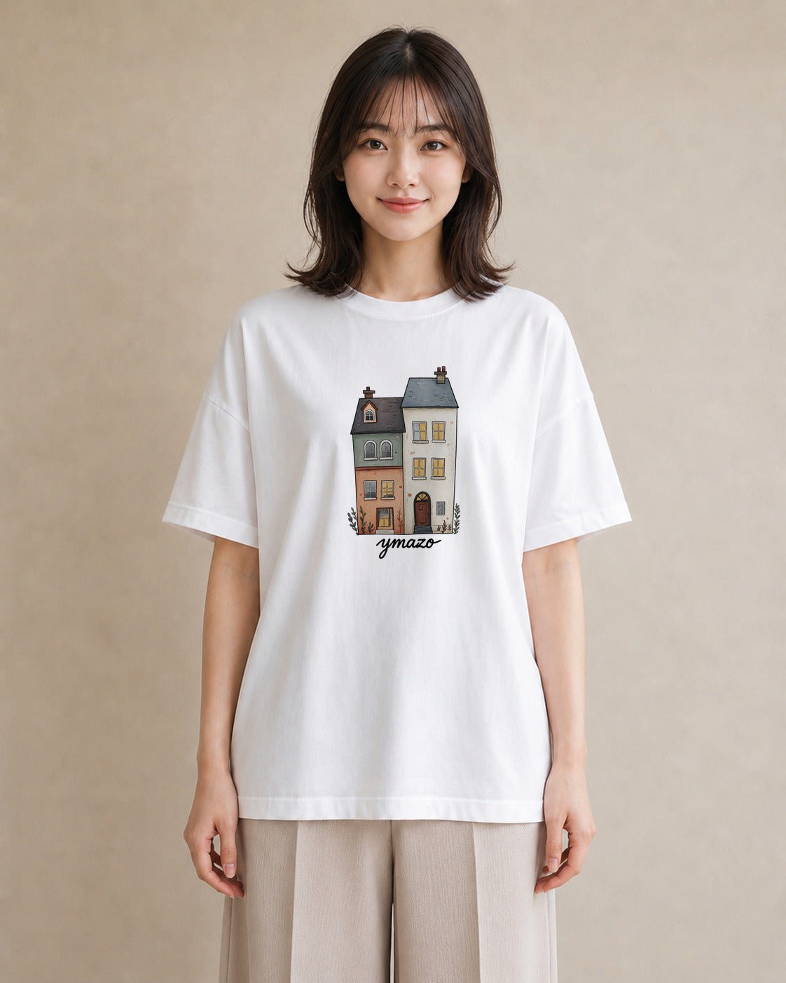 デザインTシャツ レディース 灯りの家 小屋 夜 ナチュラル アンティーク イラスト フェミニン 休日 ペアコーデ 白T
