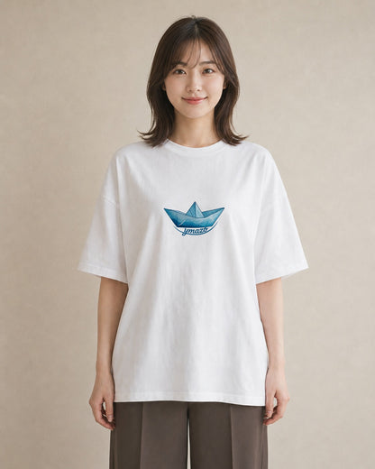グラフィックTシャツ レディース 紙の船 水辺 ナチュラル アンティーク イラスト お洒落 友達ギフト 部屋着 白T