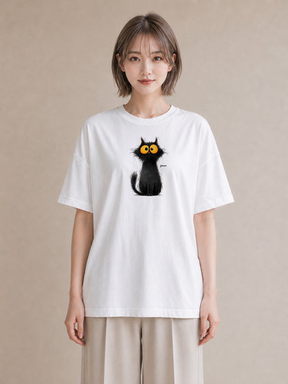 Tシャツ レディース 黒猫 猫 ねこ イラスト フェミニン 散歩 お出かけ 白T
