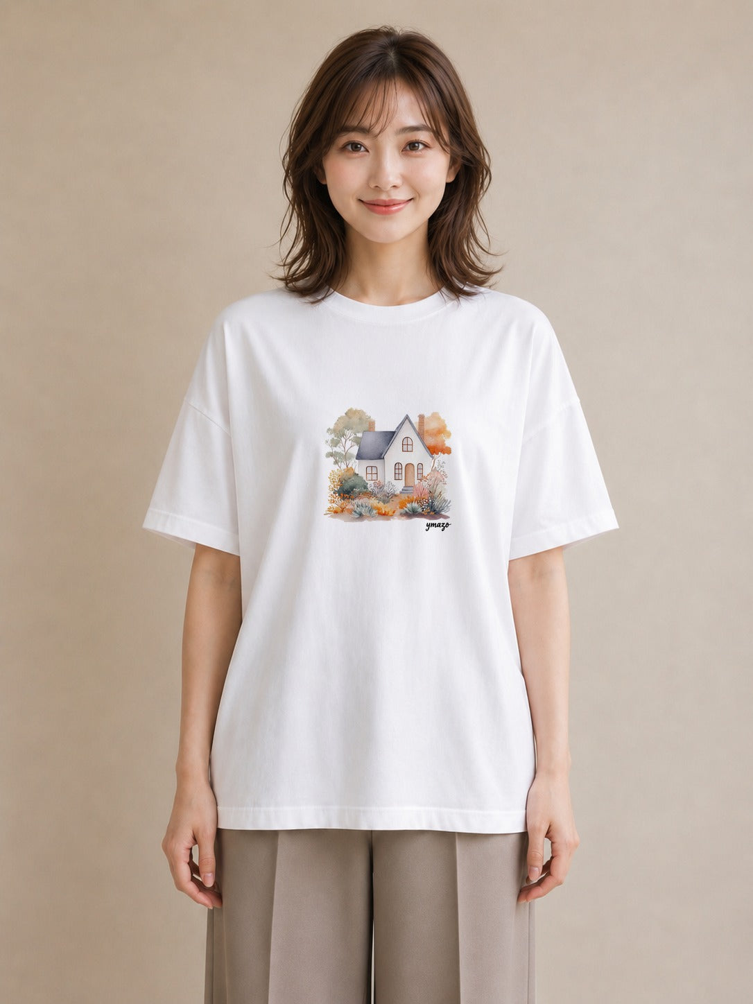 Tシャツ レディース 湖畔の小屋 湖 小屋 ナチュラル アンティーク イラスト アート風 公園 ママ 白T