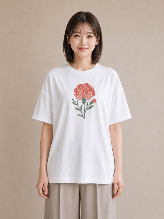 プリントTシャツ レディース カーネーション 花 花柄 イラスト 線画 通勤 在宅 白T