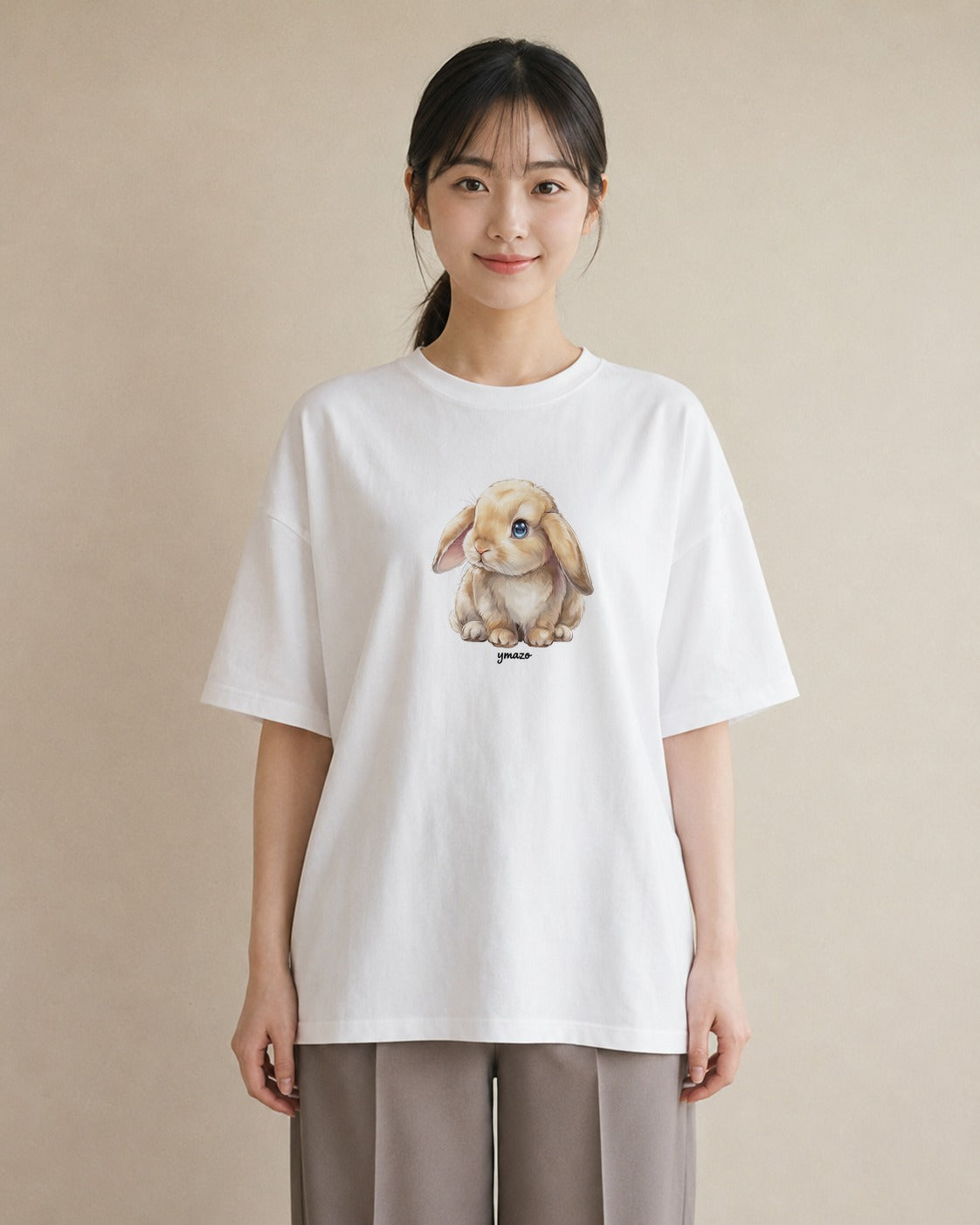 プリントTシャツ レディース ライオンラビット ペット 動物 イラスト ゆるコーデ 普段着 週末コーデ 白T