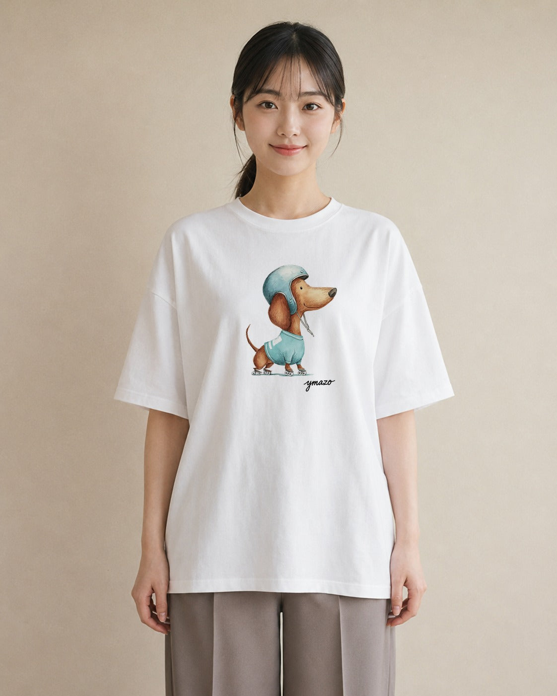 デザインTシャツ レディース ミニチュアダックスフンド 犬 いぬ イラスト カジュアルコーデ 買い物 白T