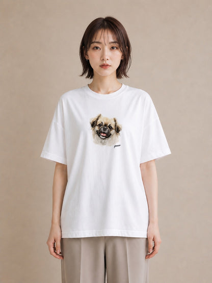 デザインTシャツ レディース 狆 犬 いぬ イラスト ヴィンテージ風 海 カフェ巡り 白T