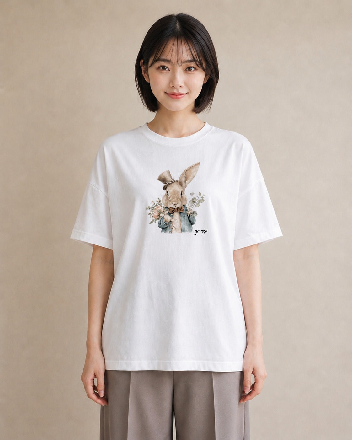 デザインTシャツ レディース ライオンラビット ペット 動物 イラスト 旅行用 海 白T