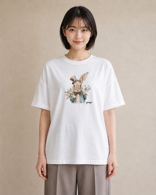 デザインTシャツ レディース ライオンラビット ペット 動物 イラスト 旅行用 海 白T