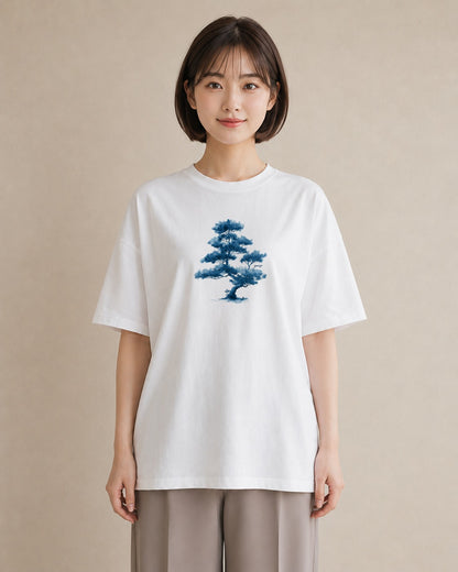 半袖Tシャツ レディース 青の水彩 風景 ブルー ナチュラル アンティーク イラスト ママ カフェ服 白T