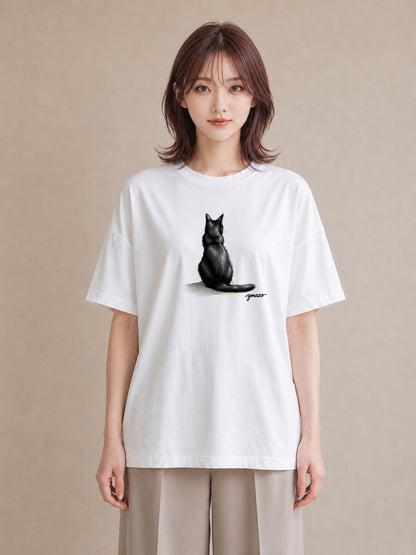 Tシャツ レディース 黒猫 猫 ねこ イラスト ユニーク 散歩 お出かけ 白T