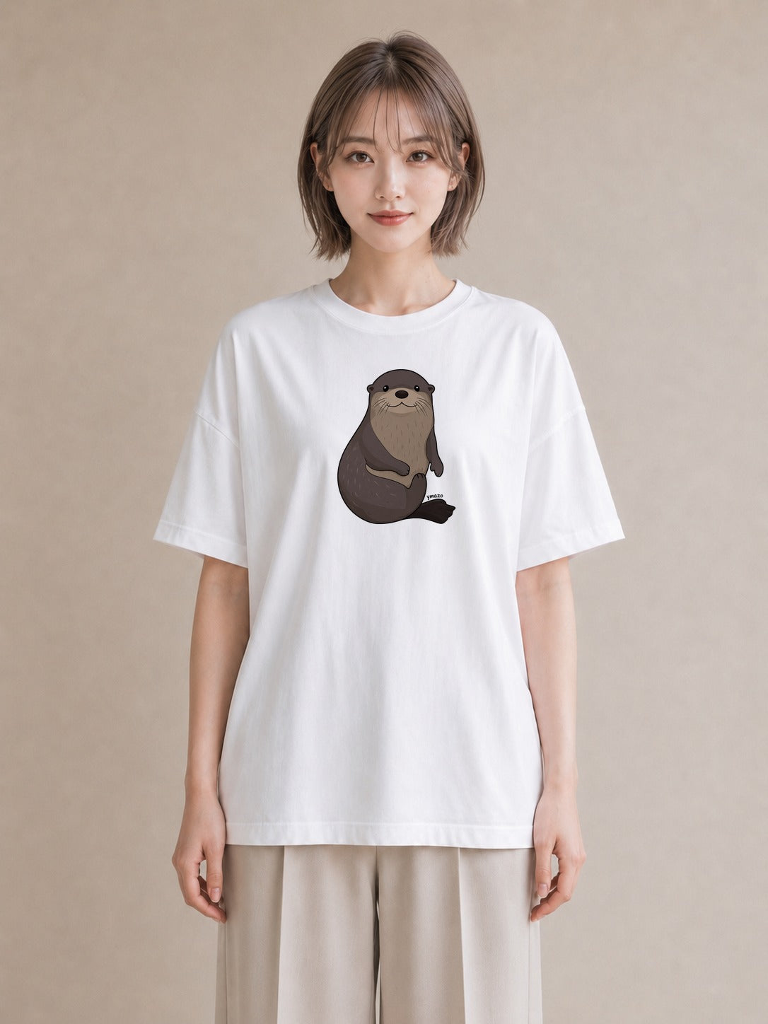 プリントTシャツ レディース カワウソ 動物 アニマル イラスト フェミニン 綿100 デート 白T