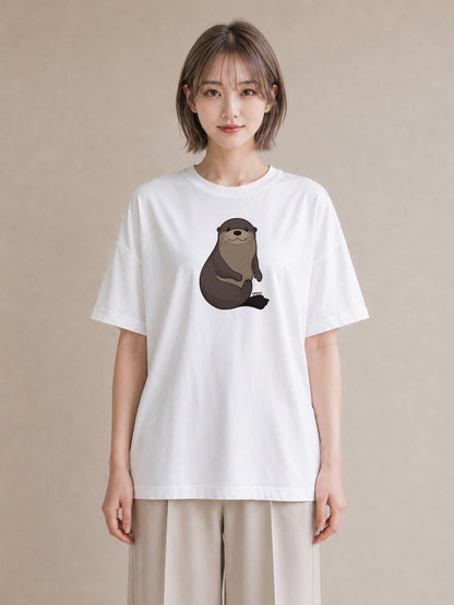 プリントTシャツ レディース カワウソ 動物 アニマル イラスト フェミニン 綿100 デート 白T