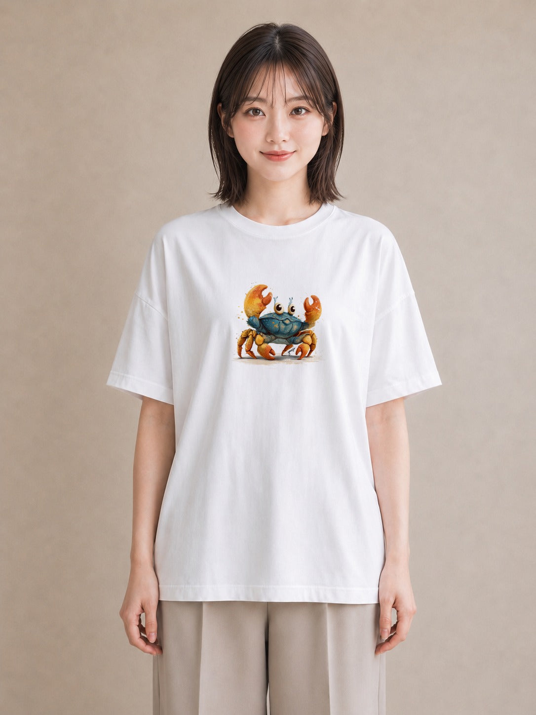 半袖Tシャツ レディース ヤドカリ 海の生き物 海 イラスト フェミニン ママ カフェ服 白T