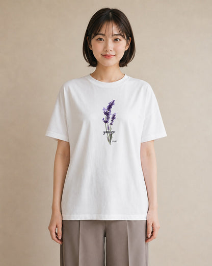 半袖Tシャツ レディース ラベンダー 花 花柄 イラスト 韓国風 綿100 デート 白T