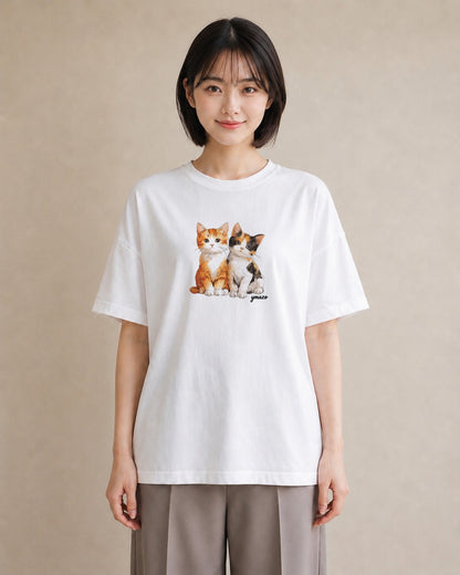 Tシャツ レディース ぶち猫 猫 ねこ イラスト ボタニカル 買い物 夏コーデ 白T