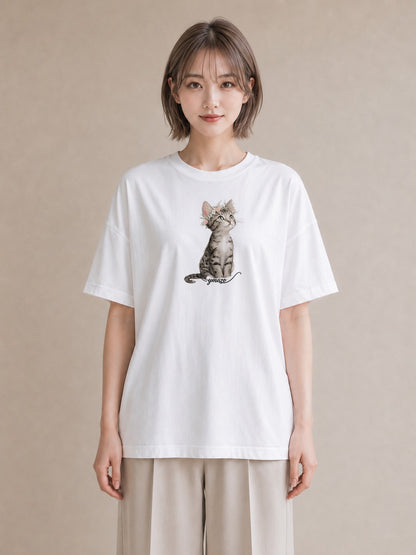 デザインTシャツ レディース キジトラ 猫 ねこ イラスト シック 買い物 夏コーデ 白T