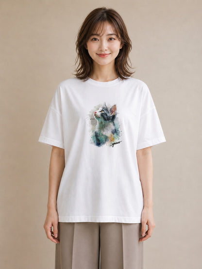 半袖Tシャツ レディース しっぽ 猫 ねこ イラスト ゆるコーデ 綿100 デート 白T