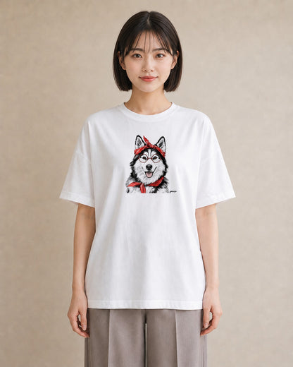 半袖Tシャツ レディース シベリアンハスキー 犬 いぬ イラスト ミニマル 女性向けギフト 散歩 白T
