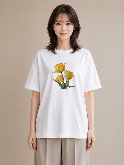 プリントTシャツ レディース チューリップ 花 花柄 イラスト ラフ 女性向けギフト 散歩 白T