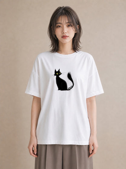 Tシャツ レディース 黒猫 猫 ねこ イラスト 上品 週末コーデ 敬老の日 白T