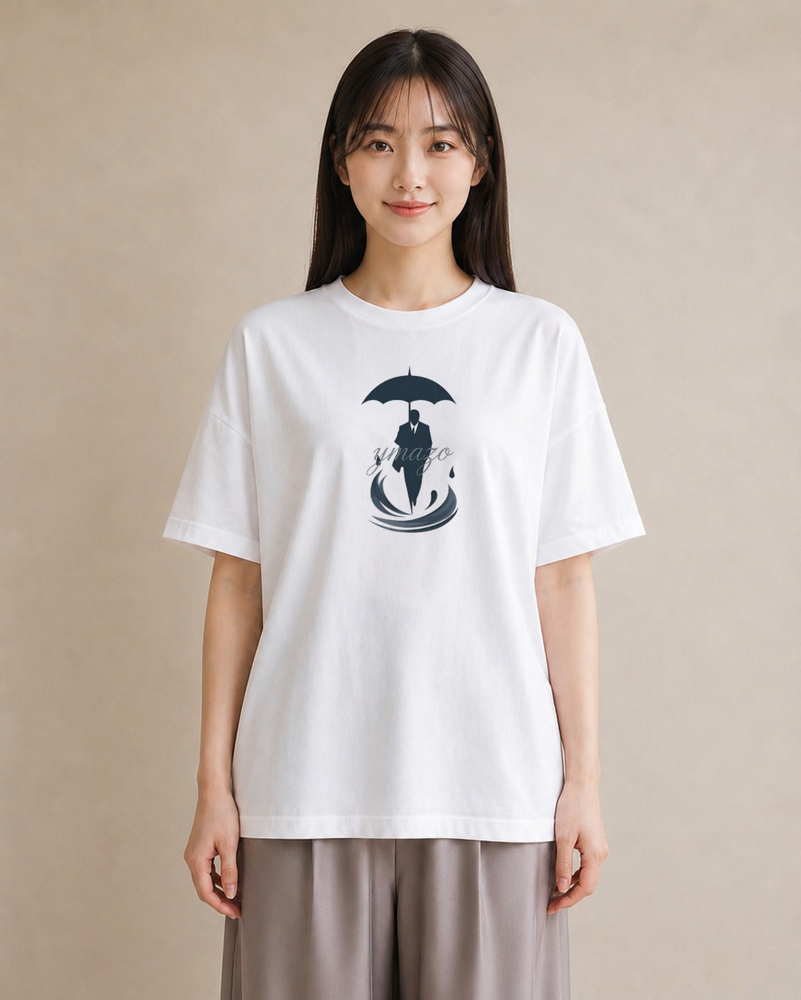 デザインTシャツ レディース 傘 水たまり 雨 ナチュラル アンティーク イラスト 淡色 ギフト 母の日 白T