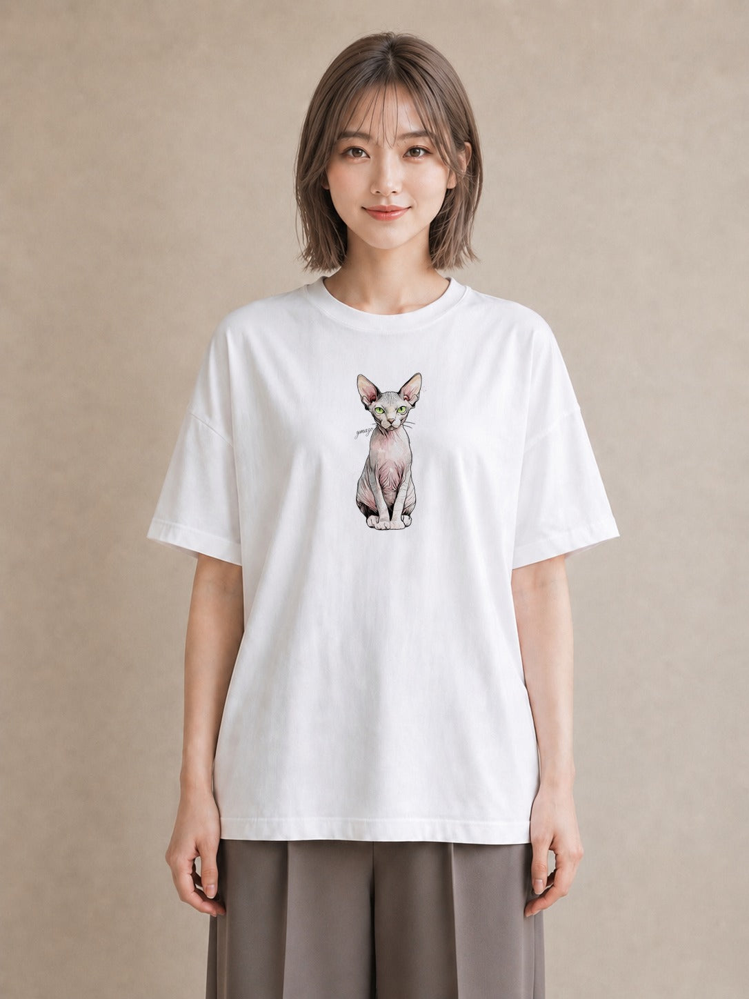 グラフィックTシャツ レディース おすわり猫 猫 ねこ イラスト きれいめカジュアル デイリーウェア 休日 白T