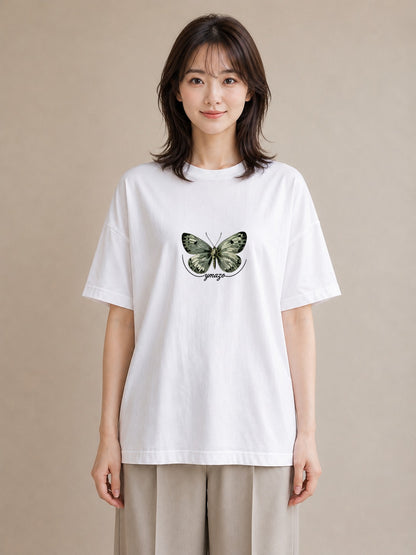 プリントTシャツ レディース ちょうちょ 蝶 バタフライ 昆虫 虫 イラスト 線画 母の日 ビーチ 白T