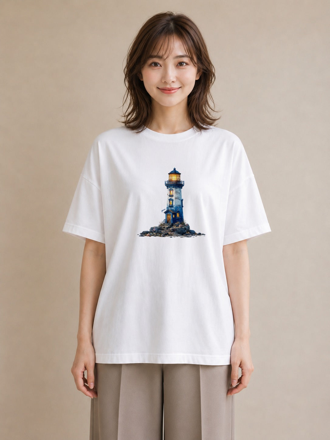 Tシャツ レディース 灯台 霧 海 ナチュラル アンティーク イラスト きれいめ カフェ巡り 女子会 白T