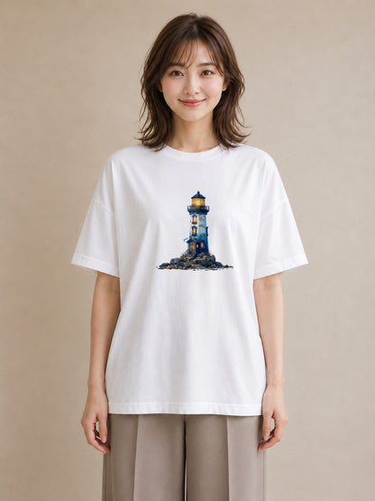 Tシャツ レディース 灯台 霧 海 ナチュラル アンティーク イラスト きれいめ カフェ巡り 女子会 白T