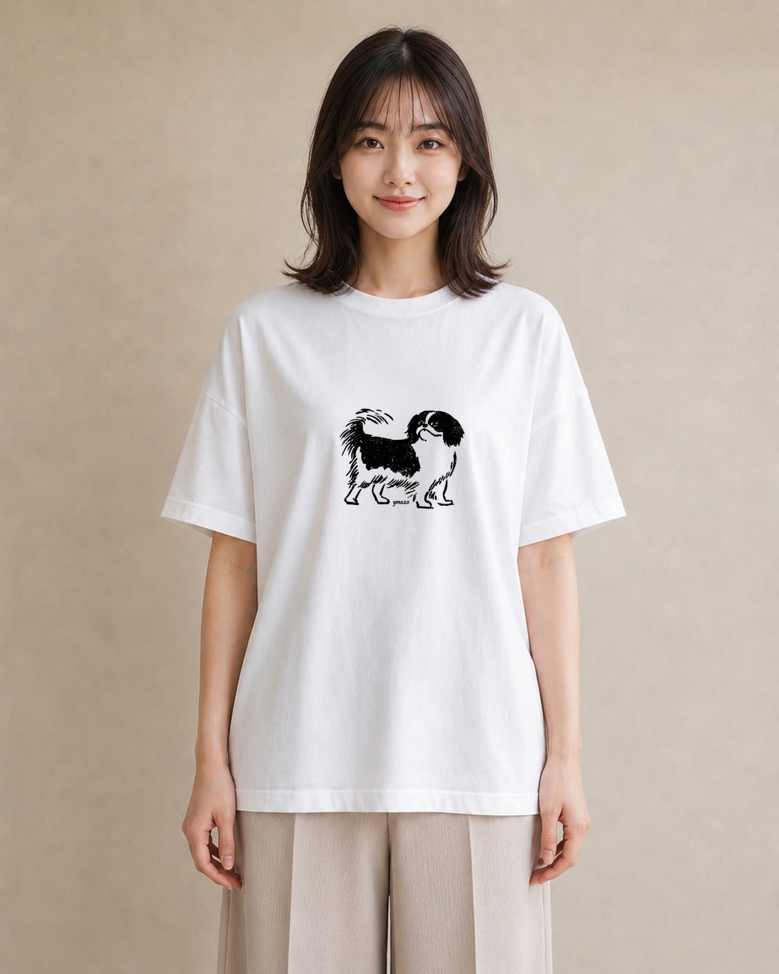 Tシャツ レディース 狆 犬 いぬ イラスト ナチュラル 普段着 週末コーデ 白T
