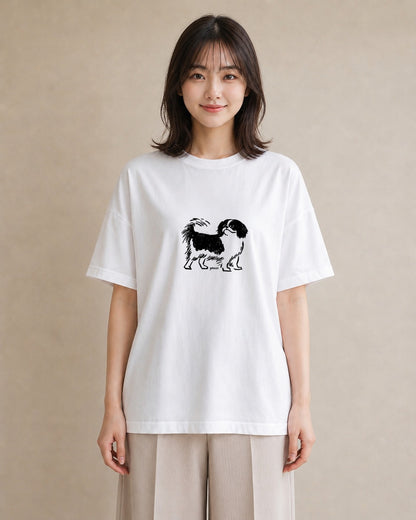 Tシャツ レディース 狆 犬 いぬ イラスト ナチュラル 普段着 週末コーデ 白T