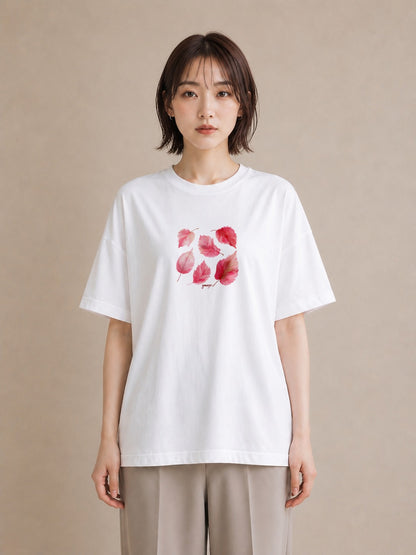 プリントTシャツ レディース 落ち葉 植物 ボタニカル イラスト こなれ感 春服 ミセス 白T