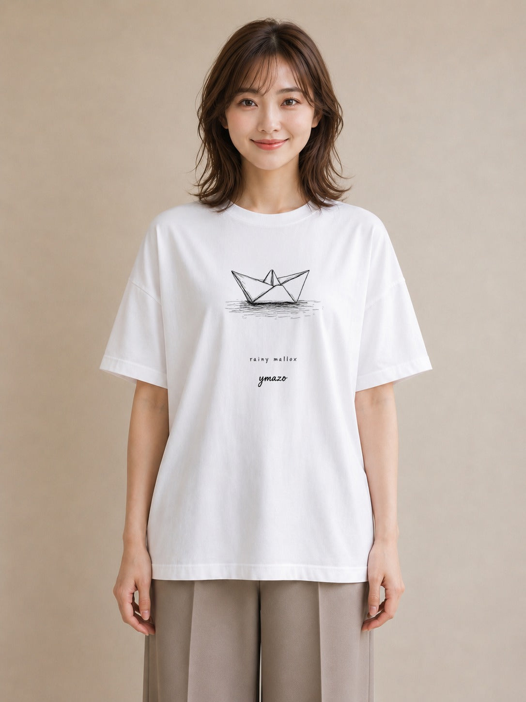半袖Tシャツ レディース 紙の船 水辺 ナチュラル アンティーク イラスト ポップ 公園 ママ 白T