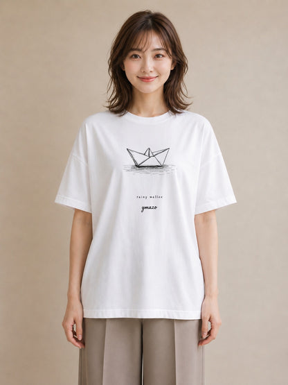 半袖Tシャツ レディース 紙の船 水辺 ナチュラル アンティーク イラスト ポップ 公園 ママ 白T