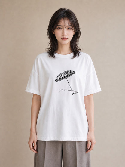 グラフィックTシャツ レディース 傘 水たまり 雨 ナチュラル アンティーク イラスト 韓国風 送別ギフト 通勤 白T