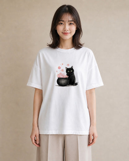 半袖Tシャツ レディース 黒猫 猫 ねこ イラスト ボタニカル 社会人 女性 白T