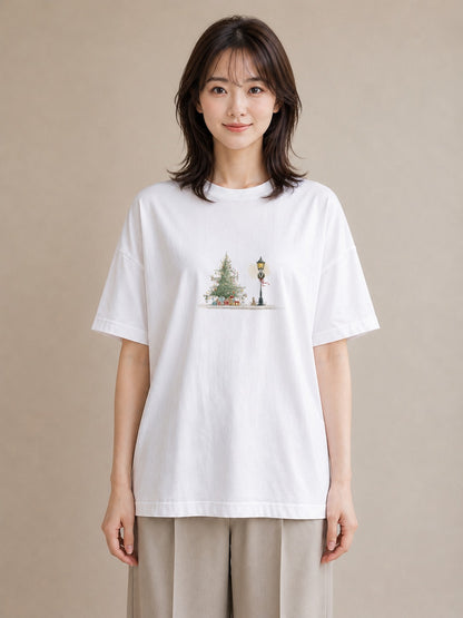 Tシャツ レディース 街灯 夜霧 夜 ナチュラル アンティーク イラスト フェミニン デイリーウェア 休日 白T