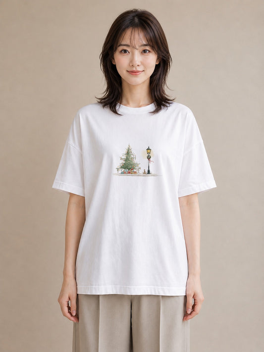 Tシャツ レディース 街灯 夜霧 夜 ナチュラル アンティーク イラスト フェミニン デイリーウェア 休日 白T