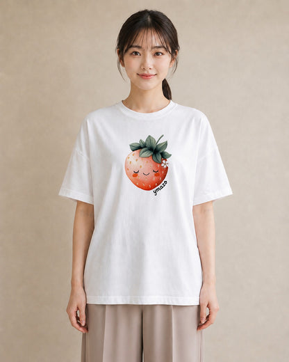 グラフィックTシャツ レディース いちご 苺 ストロベリー 食べ物 フード イラスト 淡色 レイヤード 友達ギフト 白T