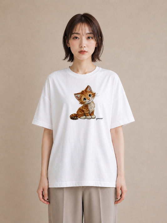 デザインTシャツ レディース 茶トラ 茶猫 猫 ねこ イラスト 北欧風 旅行用 海 白T