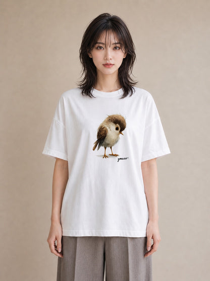 半袖Tシャツ レディース 文鳥 ペット 動物 イラスト 可愛い 旅行用 海 白T