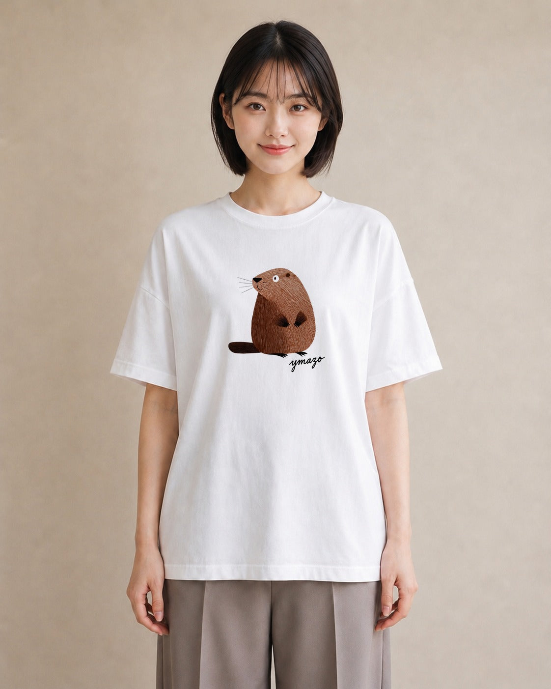 半袖Tシャツ レディース コツメカワウソ 動物 アニマル イラスト 線画 女性向けギフト 散歩 白T