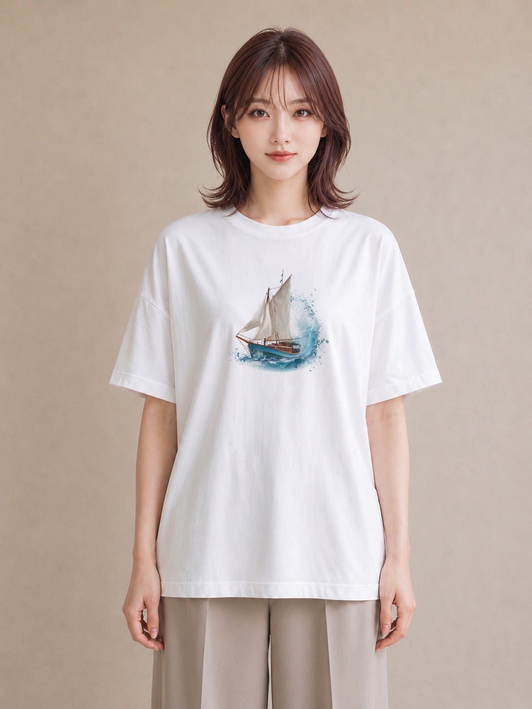 グラフィックTシャツ レディース 紙の船 水辺 ナチュラル アンティーク イラスト フェミニン ラフ レイヤード 白T