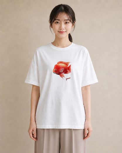 半袖Tシャツ レディース 出目金 ペット 動物 イラスト ユニーク 女性向けギフト 散歩 白T