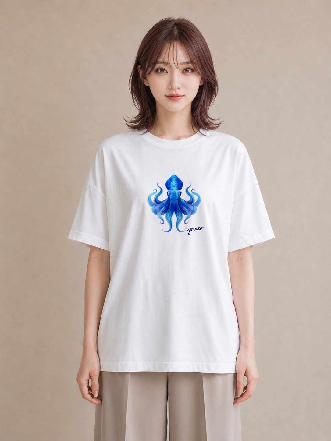 グラフィックTシャツ レディース イカ 海の生き物 海 イラスト ニュアンス カフェ服 クリスマス 白T