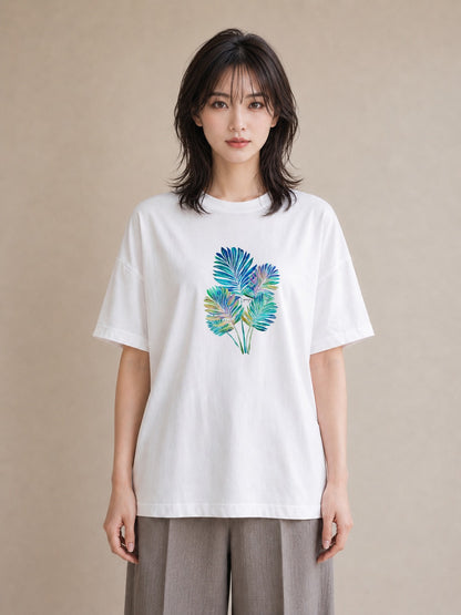 Tシャツ レディース モンステラ 植物 ボタニカル イラスト 韓国風 綿100 デート 白T