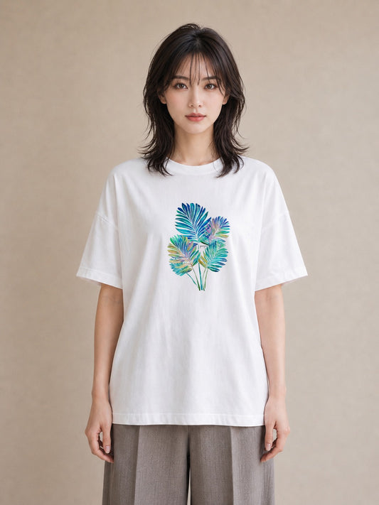 Tシャツ レディース モンステラ 植物 ボタニカル イラスト 韓国風 綿100 デート 白T