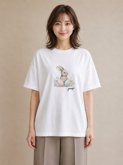デザインTシャツ レディース ウサギ系野生 動物 アニマル イラスト シンプル お揃い 親子 白T