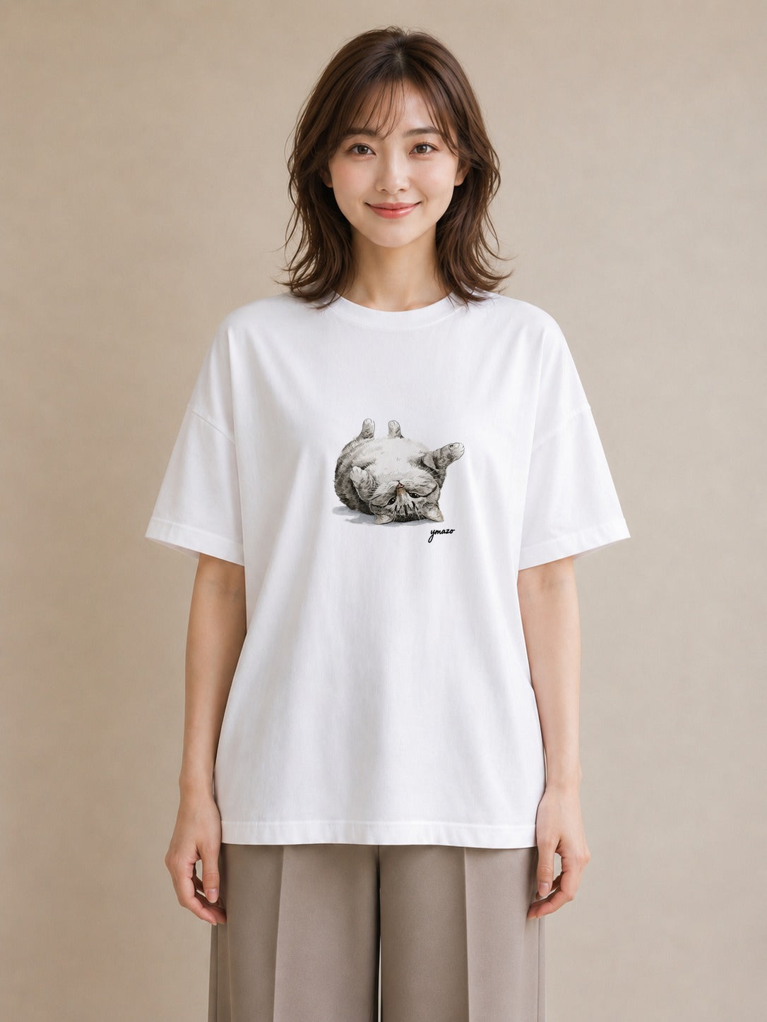 プリントTシャツ レディース ぶち猫 猫 ねこ イラスト ラフカジュアル 週末コーデ 敬老の日 白T