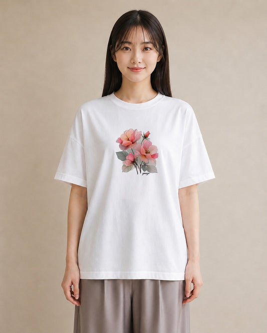 デザインTシャツ レディース 椿 花 花柄 イラスト ポップ 誕生日プレゼント 綿100 白T