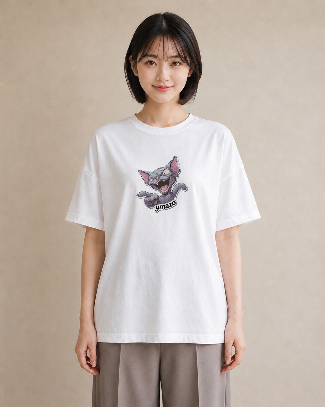 プリントTシャツ レディース スフィンクス 猫 ねこ イラスト ラフ ビーチ デイリーウェア 白T