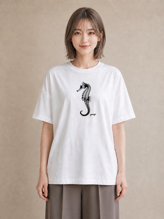デザインTシャツ レディース タツノオトシゴ 海の生き物 海 イラスト 自分用 ルームウェア 白T